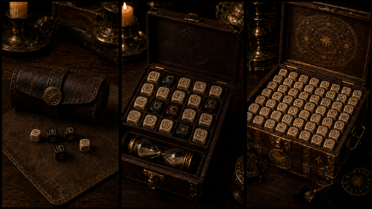 Three commission set styles: a compact scholar’s roll, a noble table case, and a ceremonial chest.